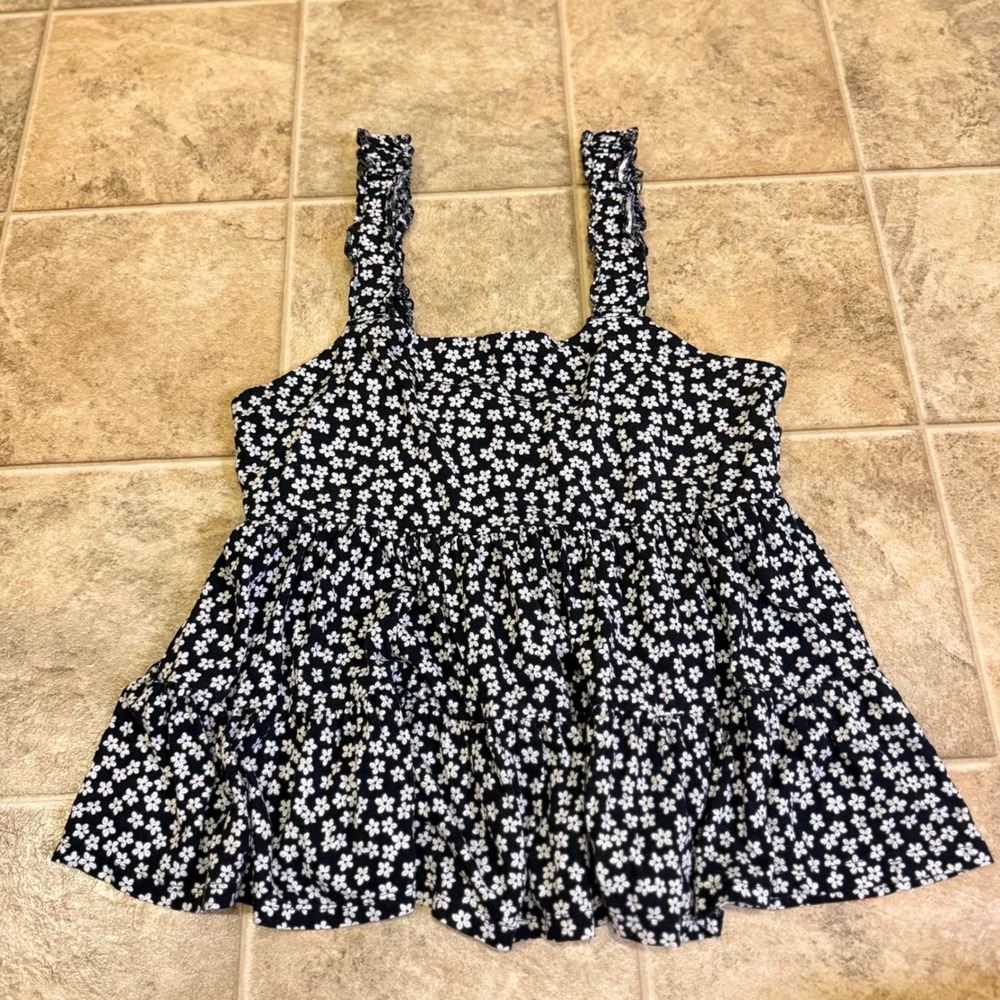 SO Womens XL Black White Floral Ruffle Strap Tiered Babydoll Tank Top
